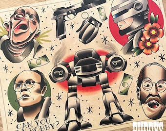 Robocop American Traditional Tattoo Flash sheet