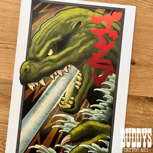 Godzilla Inspired Japanese Style Tatoo Art Print