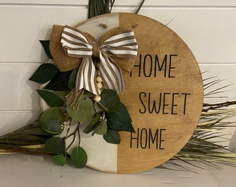 Home Sweet Home | Home Sweet Home Door Hanger | Brown and White Sign | Wooden Door Hanger|