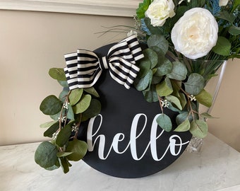 Hello |  Hello Door Hanger | Black and White | Wooden Door Hanger | Farmhouse