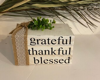 Grateful  | Thankful | Blessed | Wood  Book Stack | Home Decor |  Tier Tray Decor | Book Bundle | Wood books  | Wood Beads