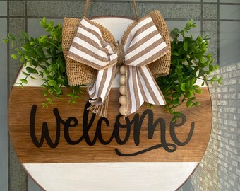 Welcome | Welcome Door Hanger |  White and Brown | Wooden Door Hanger | Farmhouse
