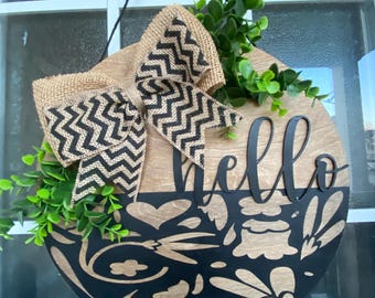 3D Wood Hanger Home | Hello | Hello Home Hanger |  Farmhouse |  Brown and Black |  Welcome Door Hanger | Wood Round |  Floral