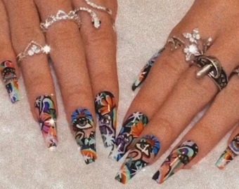 Trippy Eyes Nail Set/ Mushroom Nail set/ Hand Painted Press on Nails/ Custom Full Nail Sets/ Rainbow Nails/ Colorful Nails/ Affordable Nails