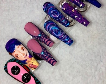 Coraline Press on Nails/ Halloween Nail sets/ Coraline Movie/ Hand drawn Press ons/ Spooky Nails/ Long Coffin Nails/ Gold foil Nails/