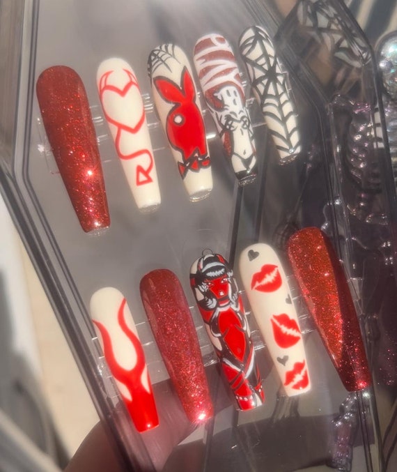 coffin nails for red dress Red glitter French tip nails