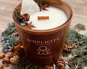 Gingerbread Cookie Christmas Crystal Candle | Holiday Soy Wax Candle | Crackling Wooden Wick | 16oz Gingerbread Winter Fragrance