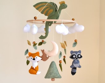 Dragon mobile baby, woodland mobile, fantasy nursery mobile, fox raccoon squirrel mobile