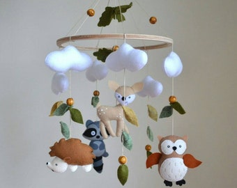 Woodland mobile, forest baby mobile, deer raccoon hedgehog owl  mobile