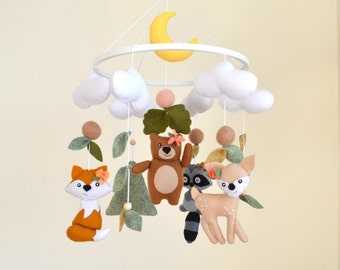 Baby mobile for girl, woodland mobile with fox raccoon bear deer, forest animals mobile, baby girl nursery gift