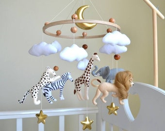 Safari baby mobiel, jungle mobiel neutraal, giraffe leeuw zebra cheetah olifant mobiel, baby mobiel voor kinderkamer