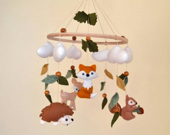 Woodland baby mobile, Fox mobile, forest mobile,  fox hedgehog squirrel deer mobile