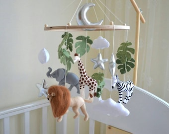 Jungle Safari Baby Mobile, Hand-Painted Animals, Neutral Nursery Decor