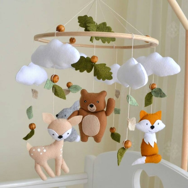 Woodland baby mobile, forest mobile, bear fox bunny deer mobile