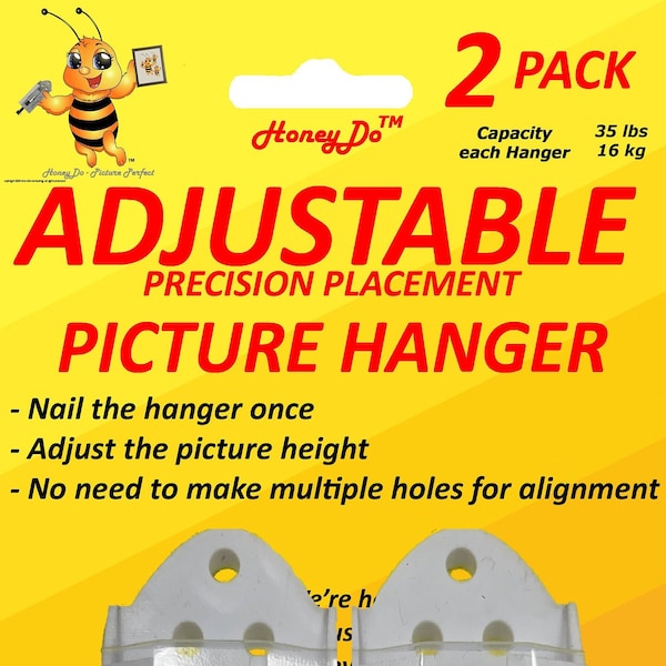 2-Pack HoneyDo Adjustable picture hanger that allows several pictures to hang level or staggered without moving nails as an adjustment.