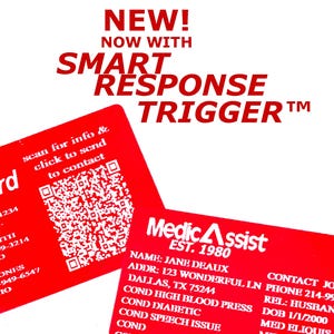 May include: Two red Medi Cards with white text and a QR code. One card says "Medi Card" with contact info. The other says "Medic Assist" with personal medical information. The text "NEW! NOW WITH SMART RESPONSE TRIGGER" is at the top.