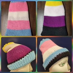 Könnte beinhalten: Vier gestrickte Mützen in verschiedenen Farbkombinationen. Die Mützen sind gestreift mit Gelb, Weiß, Lila, Schwarz, Rosa und Blau. Die Mützen sind alle mit einem ähnlichen Stichmuster gearbeitet.