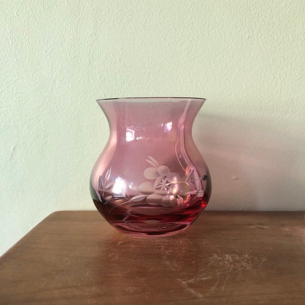 Bohemia Glass | Floral Etched Dark Pink Small Glass Vase | Original Label