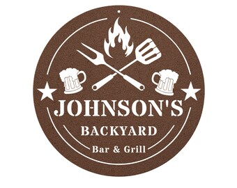 Personalized Bar and Grill Metal Sign, Custom Outdoor Family Name Sign