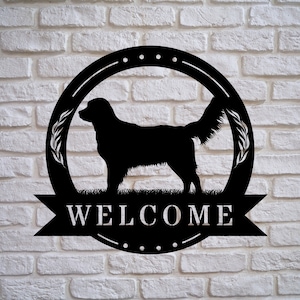 Golden retriever welcome sign, metal wall art home decor, gift for golden retriever owner