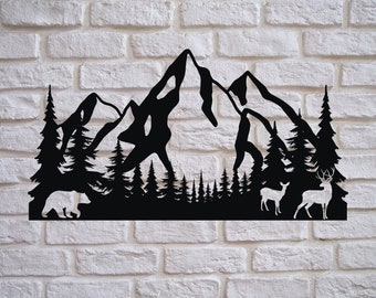 Metal Mountain Wall Art: Deer, Bear, and Pine Tree Silhouette