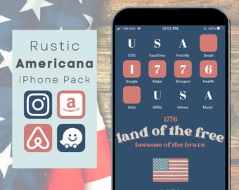 素朴なアメリカーナ iPhone パック | 300 種類以上のネイビー ブルーとレンガ色の iPhone アイコンが付いた 5 つのアメリカーナ壁紙 | 独立記念日 iPhone パック