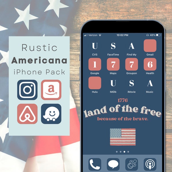 Rustic Americana iPhone Pack | 5 Americana Wallpapers with 300+ Navy Blue & Brick Red iPhone Icons | 4th of July iPhone Pack