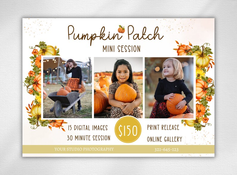 May include: A flyer advertising a pumpkin patch mini photo session. The flyer features three photos of children holding pumpkins, a price of $150, and the text "Pumpkin Patch Mini Session", "15 Digital Images", "30 Minute Session", "Print Release", "Online Gallery", and "Your Studio Photography".