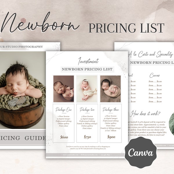 Newborn Pricing Guide Canva Templates For Photographers, Newborn Price List, Newborn Photographer Price List Template, Photography Packages