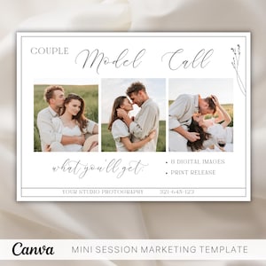 May include: A white card with a black border and the text "COUPLE Model Call" in a cursive font. The card has three photos of couples in a field. The text "what you'll get:" is below the photos, followed by "8 DIGITAL IMAGES" and "PRINT RELEASE". The text "YOUR STUDIO PHOTOGRAPHY" and a phone number are at the bottom of the card.