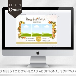 May include: A digital template for a pumpkin patch mini photo session. The template features a fall-themed design with pumpkins, leaves, and flowers. The text on the template reads "Pumpkin Patch Mini Session", "15 Digital Images", "30 Minute Session", "$150", "Print Release", and "Online Gallery".
