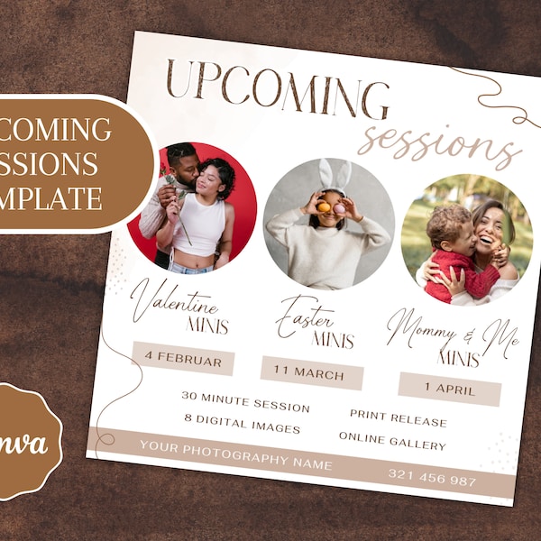 Upcoming Sessions Canva Template For Photographers, Mini Session Calendar Card, Session Dates Overview, Sessions Schedule