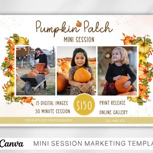 Puede incluir: Un folleto colorido que anuncia una mini sesión de fotos en un campo de calabazas. El folleto presenta tres fotos de niños sosteniendo calabazas, rodeados de follaje de otoño y calabazas. El texto en el folleto dice "Pumpkin Patch Mini Session", "15 Imágenes Digitales", "Sesión de 30 Minutos", "150 €", "Liberación de Impresión", "Galería en Línea", y "Tu Estudio de Fotografía".