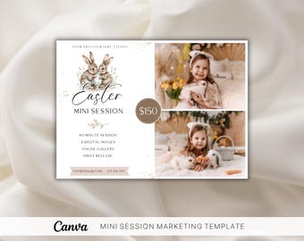 Szablon mini sesji z wielkanocnym króliczkiem, tablica fotograficzna Canva, ulotka do sesji zdjęciowej