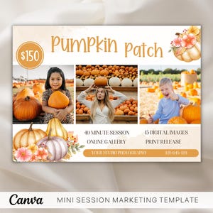 Puede incluir: Un folleto que anuncia una sesión de fotos en un campo de calabazas por 150 €. El folleto presenta tres fotos de niños en un campo de calabazas, junto con detalles sobre la sesión, que incluyen una sesión de 40 minutos, una galería en línea, 15 imágenes digitales, autorización de impresión y datos de contacto.