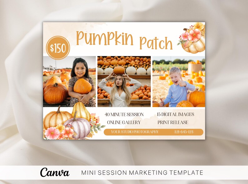 May include: A flyer advertising a pumpkin patch photo session for $150. The flyer features three photos of children in a pumpkin patch, along with details about the session, including a 40-minute session, online gallery, 15 digital images, print release, and contact information.