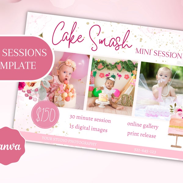 Cake Smash Mini Session Canva Templates For Photographers, First Birthday Session, Cake Smash Minis, Marketing Template