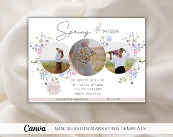 Szablon mini sesji wiosennej dla fotografów, ulotka fotograficzna, edytowalny szablon marketingowy Canva