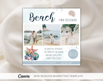 Szablon mini sesji na plaży: Canva Photography Marketing (pobranie cyfrowe)