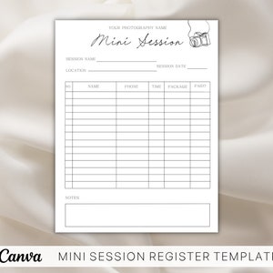 Puede incluir: Una plantilla de registro de mini sesión imprimible con el texto "Mini Session" y un dibujo de línea de una cámara. La plantilla incluye campos para el nombre de la sesión, la ubicación, la fecha, el nombre del cliente, el número de teléfono, la hora, el paquete, el pago y las notas.