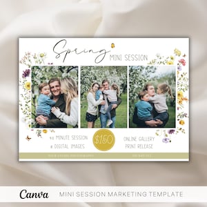 May include: A marketing flyer for a spring mini photo session. The flyer features three photos of families in a blooming orchard. The text on the flyer reads "Spring Mini Session", "30 Minute Session", "8 Digital Images", "$150", "Online Gallery", and "Print Release".