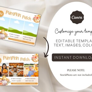 May include: Editable template for a pumpkin patch photography session. The template features a watercolor illustration of pumpkins and fall foliage, along with text boxes for pricing, session details, and a digital image gallery. The text reads "Pumpkin Patch", "$150", "30 minute session", "Online Gallery", "15 digital images", and "Print Release".