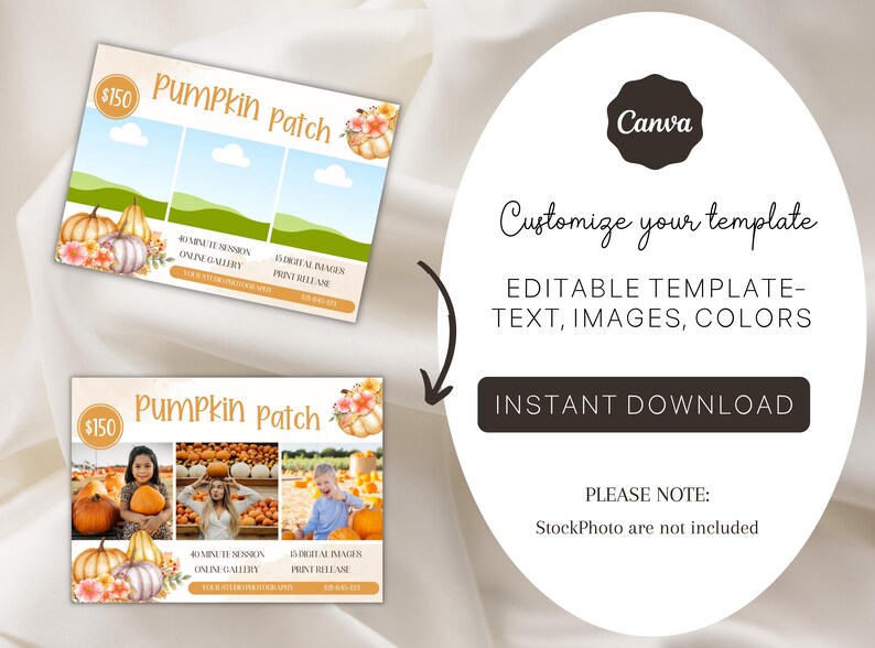 May include: Editable template for a pumpkin patch photography session. The template features a watercolor illustration of pumpkins and fall foliage, along with text boxes for pricing, session details, and a digital image gallery. The text reads "Pumpkin Patch", "$150", "30 minute session", "Online Gallery", "15 digital images", and "Print Release".