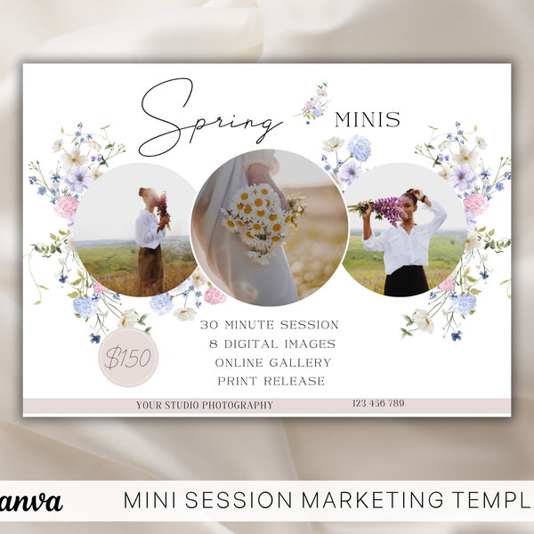 Spring Mini Session Template For Photographers, Canva Marketing Board, Spring Photography Flyer, Mini Session Ad, Flower Photo shoot