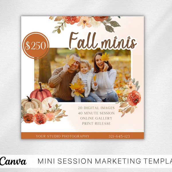 Fall Mini Session Template For Photographers, Canva Photo Template, Photo Marketing Board, Autumn Mini Session, Photography Flyer.