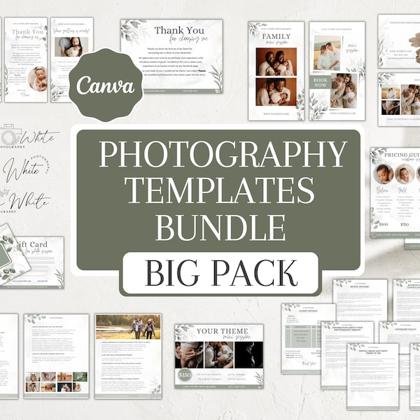 Photography Business Canva Template Bundle, Photography Branding Kit, Email Templates, Pricing Guide, Contracts, Logo, Client FAQ.