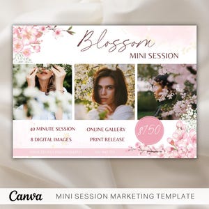 May include: A pink and white marketing flyer for a photography mini session called "Blossom". The flyer features three photos of people posing in a field of pink blossoms. The text on the flyer says "40 minute session", "8 digital images", "online gallery", "print release", and "$150".