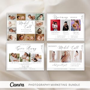 May include: Four white cards with black text and images. The first card is a model call for a photography session. The second card is a list of upcoming photography sessions. The third card is a give away for a photography session. The fourth card is a model call for a maternity photography session.