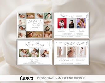 Pakiet Canva do marketingu fotograficznego: zaproszenia modelek, sesje zdjęciowe, szablony do rozdania nagród (pobranie cyfrowe)