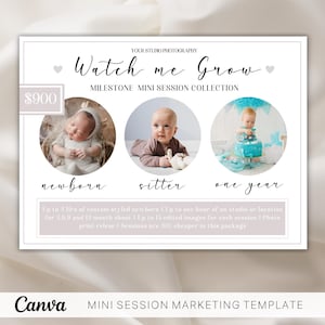 Folleto de Canva para sesión de hitos del bebé, plantilla para minisesión, anuncio de sesión, anuncio del primer año del bebé, herramienta de marketing